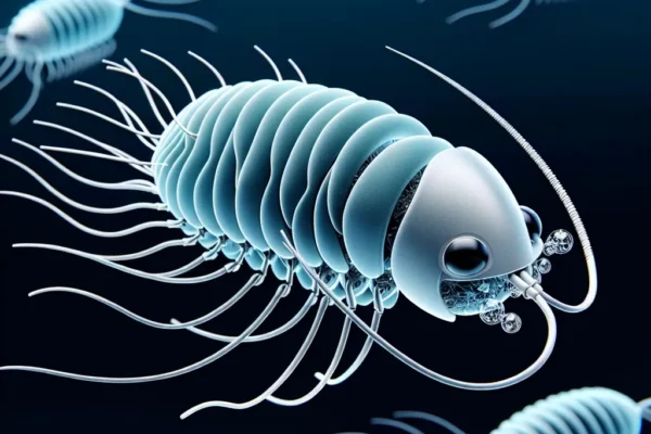 "Soft robot copepods demonstrating advanced aquatic movement capabilities in a research lab setting, showcasing robotic engineering and bio-inspired design for enhanced mobility in water."